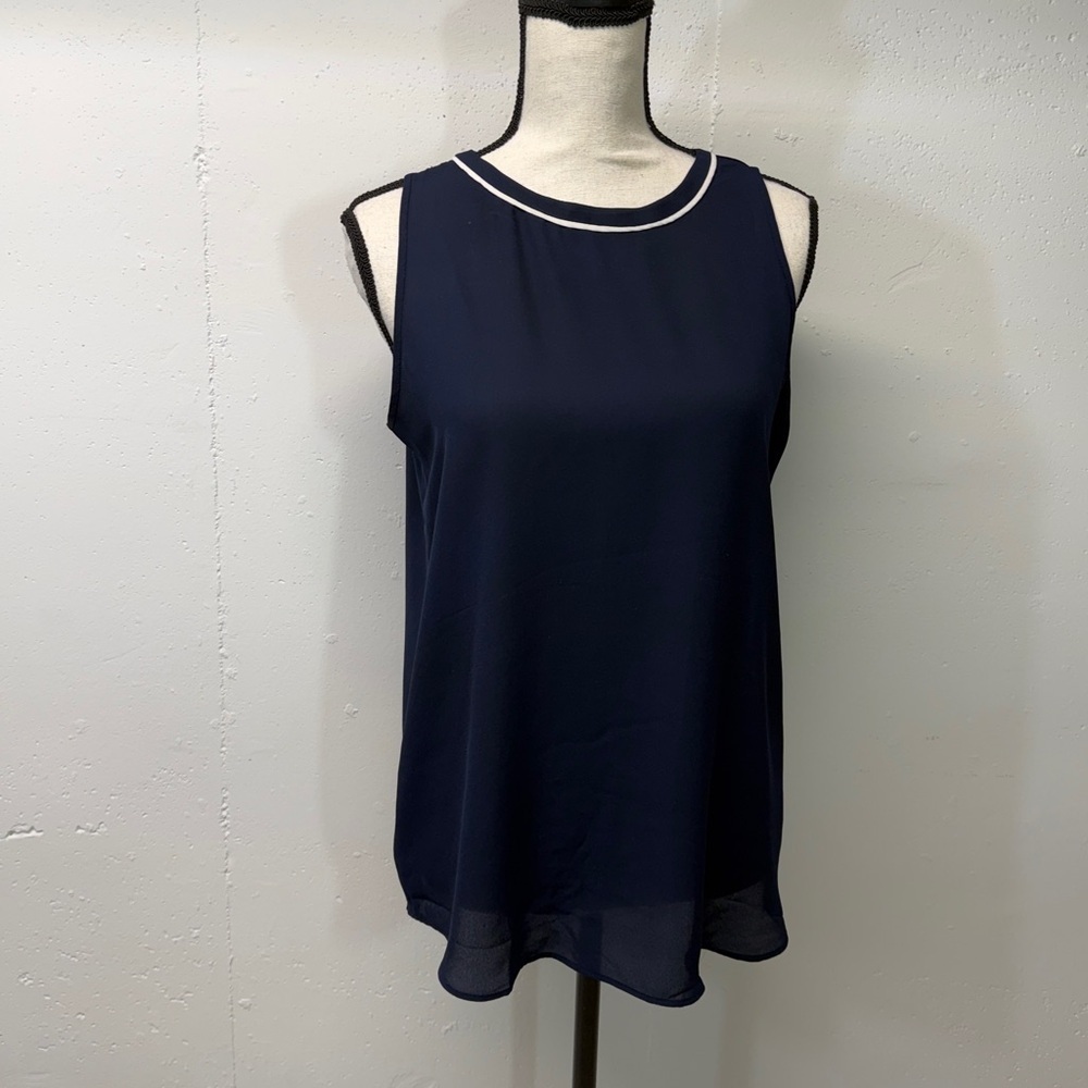 Sleeveless Navy silky Tank with Contrast Trim